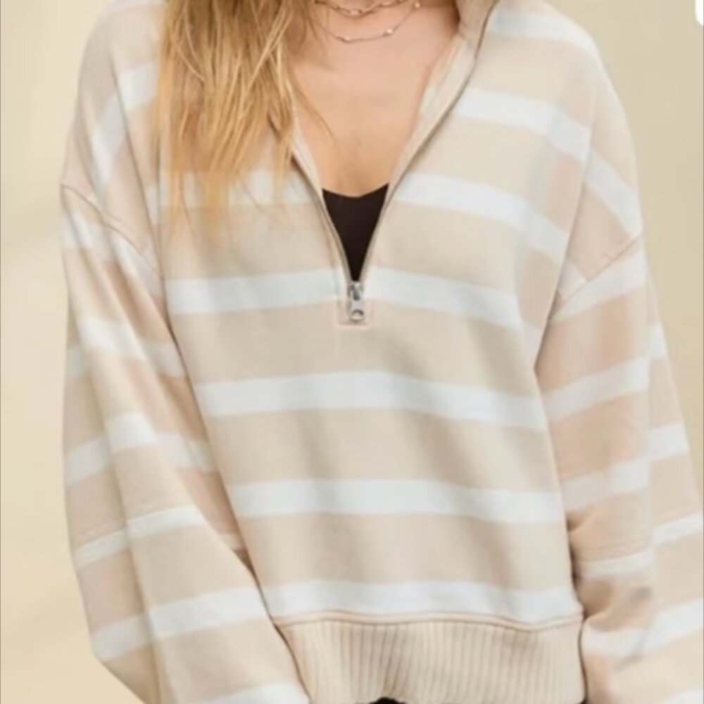 Aerie Spring Mockneck Quarter Zip Pullover Sweatshirt  Size Large Tan & Cream